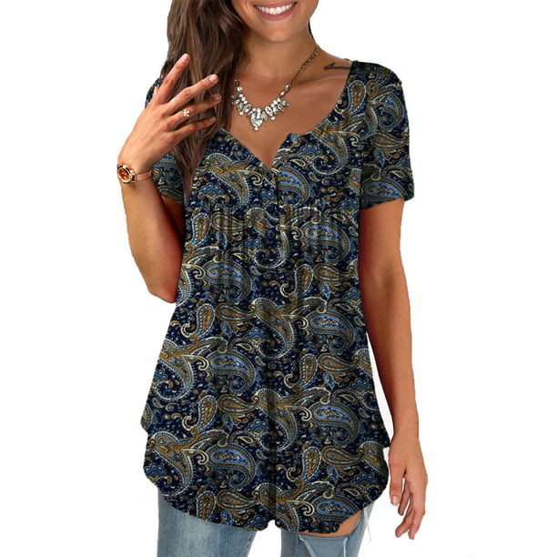 a.Jesdani Womens Plus Size Tunic Tops short Sleeve Casual Floral Henley ...
