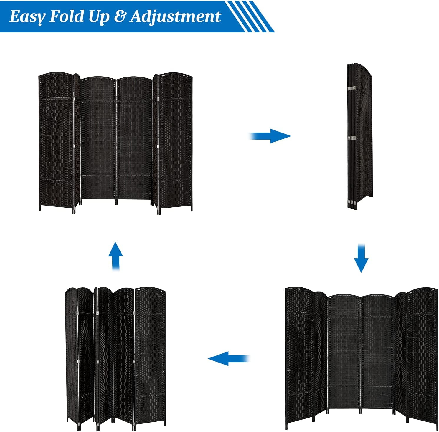 WBTER 6-Panels Tall Rattan Room Divider, 6 FT Folding Privacy Screen, Indoor Partition Wall Dividers, Freestanding Hinged Space Separator (Black)