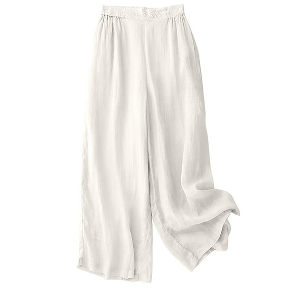 Arnsht Women' s Culottes Linen Blend Wide Leg Pants Elastic Waist Casual Palazzo Trousers with Pockets Capris White XL