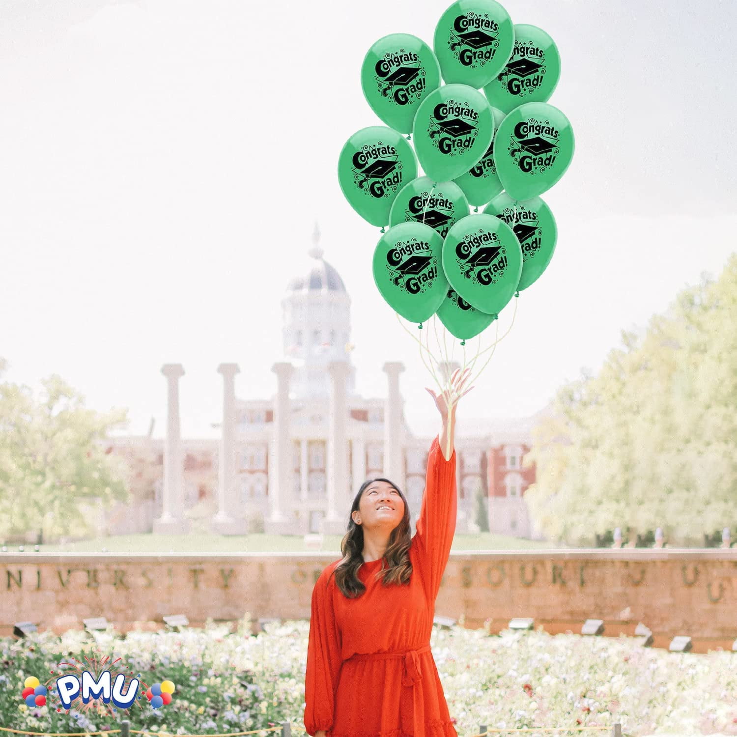 PMU 50 Pcs Graduation Balloons PartyTex 11 inch Premium Jade Green with All-Over Print White Grad Caps-Confetti and Streamers Graduation Party Decorations