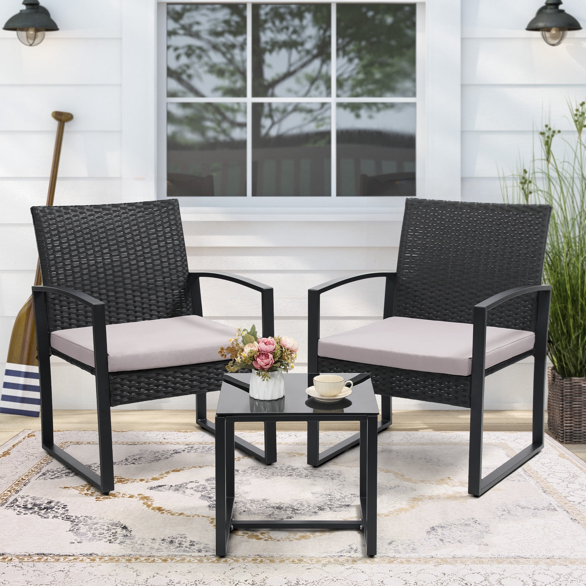 TUAREX 3-Piece Rattan Patio Furniture Set, All-Weather Wicker Bistro Set with Coffee Table and Cushioned Chairs for Garden, Yard, Balcony, Grey
