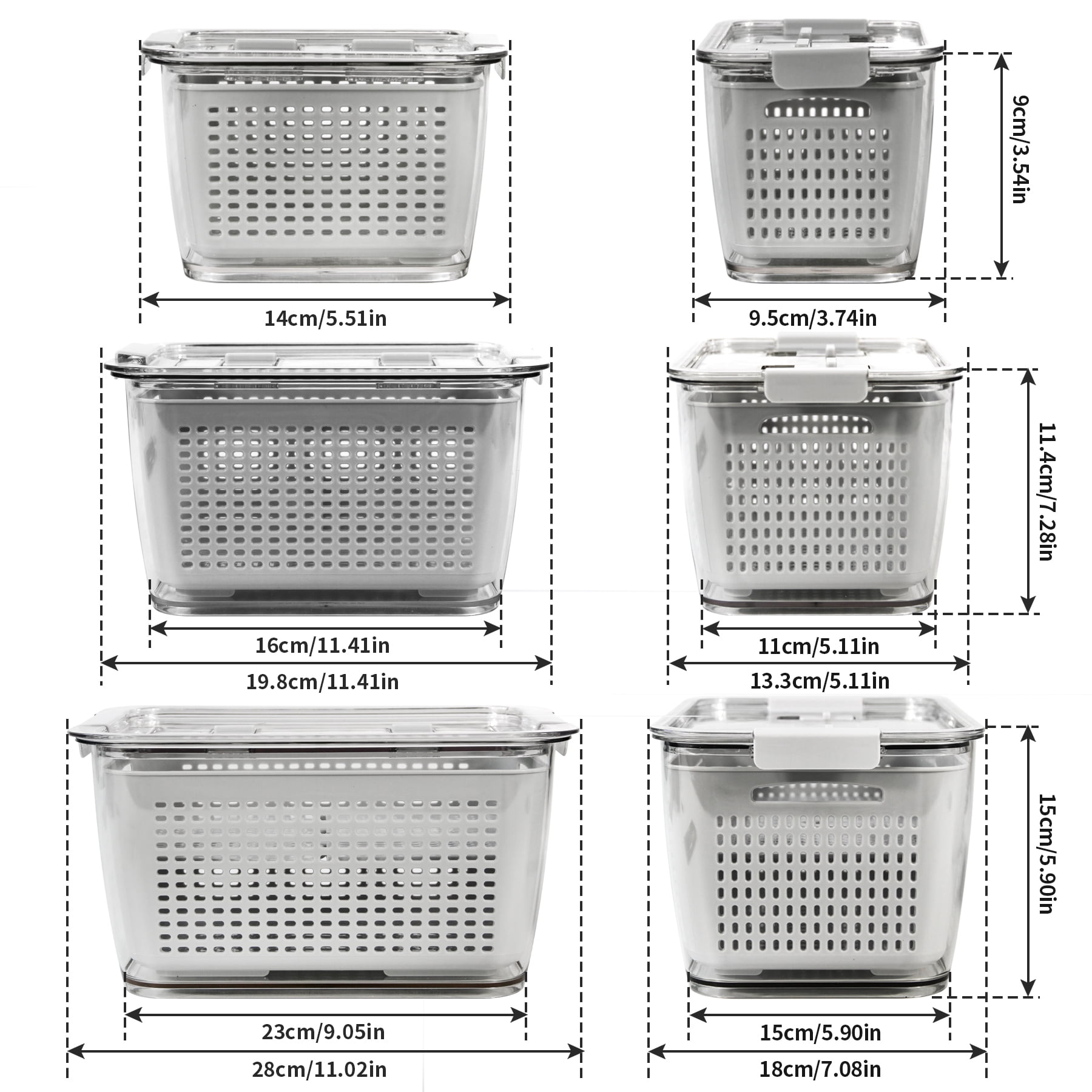 Fresh Container with Vents,3 Pack - Produce Saver Container Vegetable Fruit Partitioned Storage Container Stay Fresh Organizer for Refrigerator, Gray