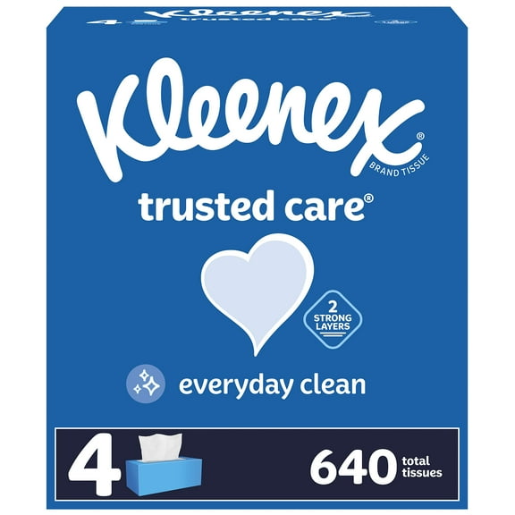 Kleenex Trusted Care Facial OIF8 Tissues, 4 Flat Boxes, 160 Tissues per Box, 2-Ply (640 Total Tissues)