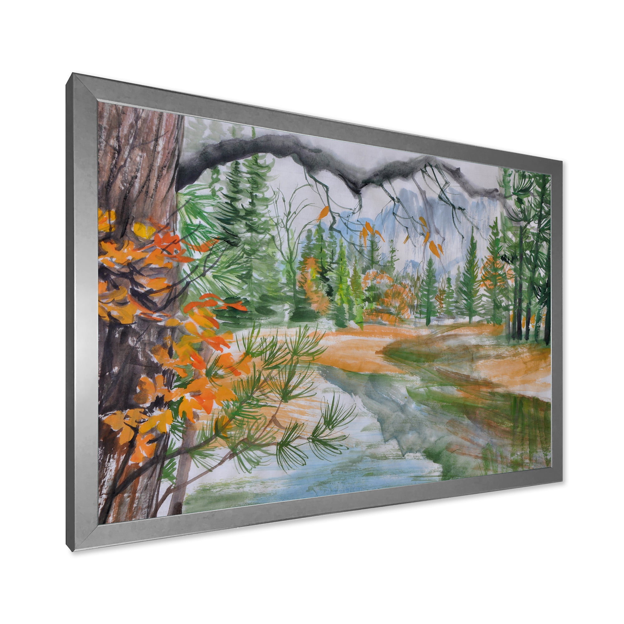 Designart 'Trees With River In Autumn Forest' Lake House Framed Art Print