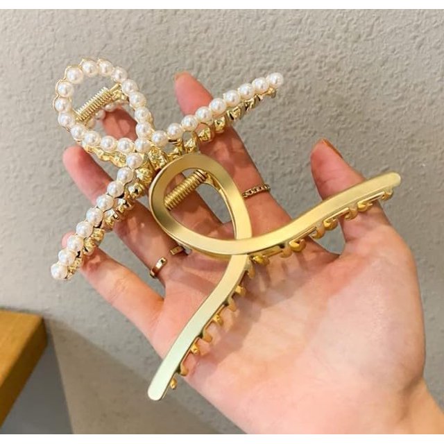 2 pinzas para el pelo de perlas y oro mate para mujer: pinzas grandes de metal con perlas para cabello grueso, garras de cangrejo antideslizantes y pasadores cruzados fuertes