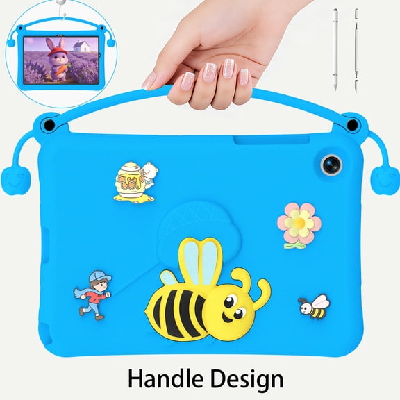 ELEHOLD Case for Samsung Galaxy Tab A11 /TAB A9 Plus X210/X216/X218(2023), Cute Bee Cartoon Shockproof TPU Case Built-in Handle & Stand, -in-1 Stylus Pen Included,Blue