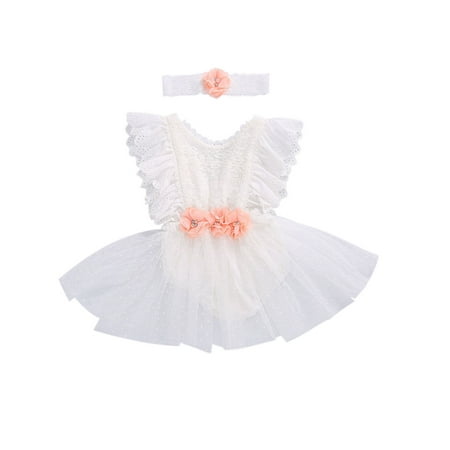 

Xingqing 2PCS Baby Girls Headband White Lace Flowers Print Ruffles Princess Rompers 6-12 Months