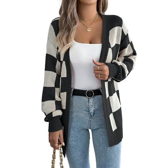 Women'S Autumn and Winter Contrast Color Plaid Lantern Sleeve Cardigan Sweater Mid-Length Coat Black XL