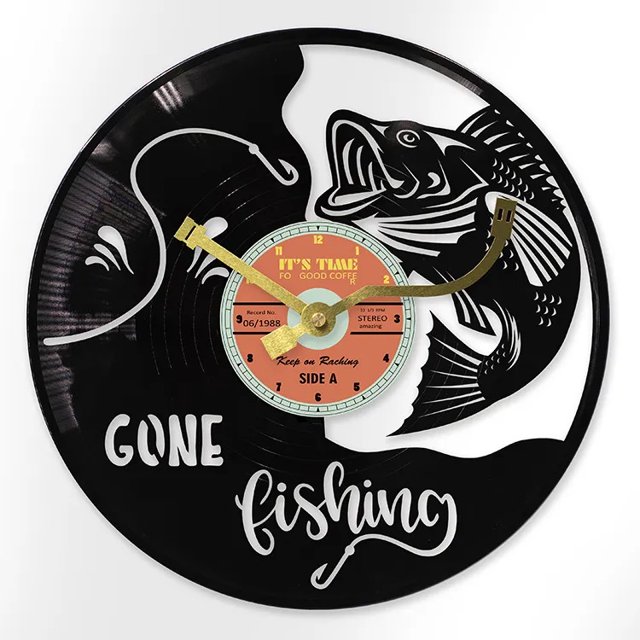 Reloj de pared con disco de vinilo Gone Fishing, 30 cm, marco de metal