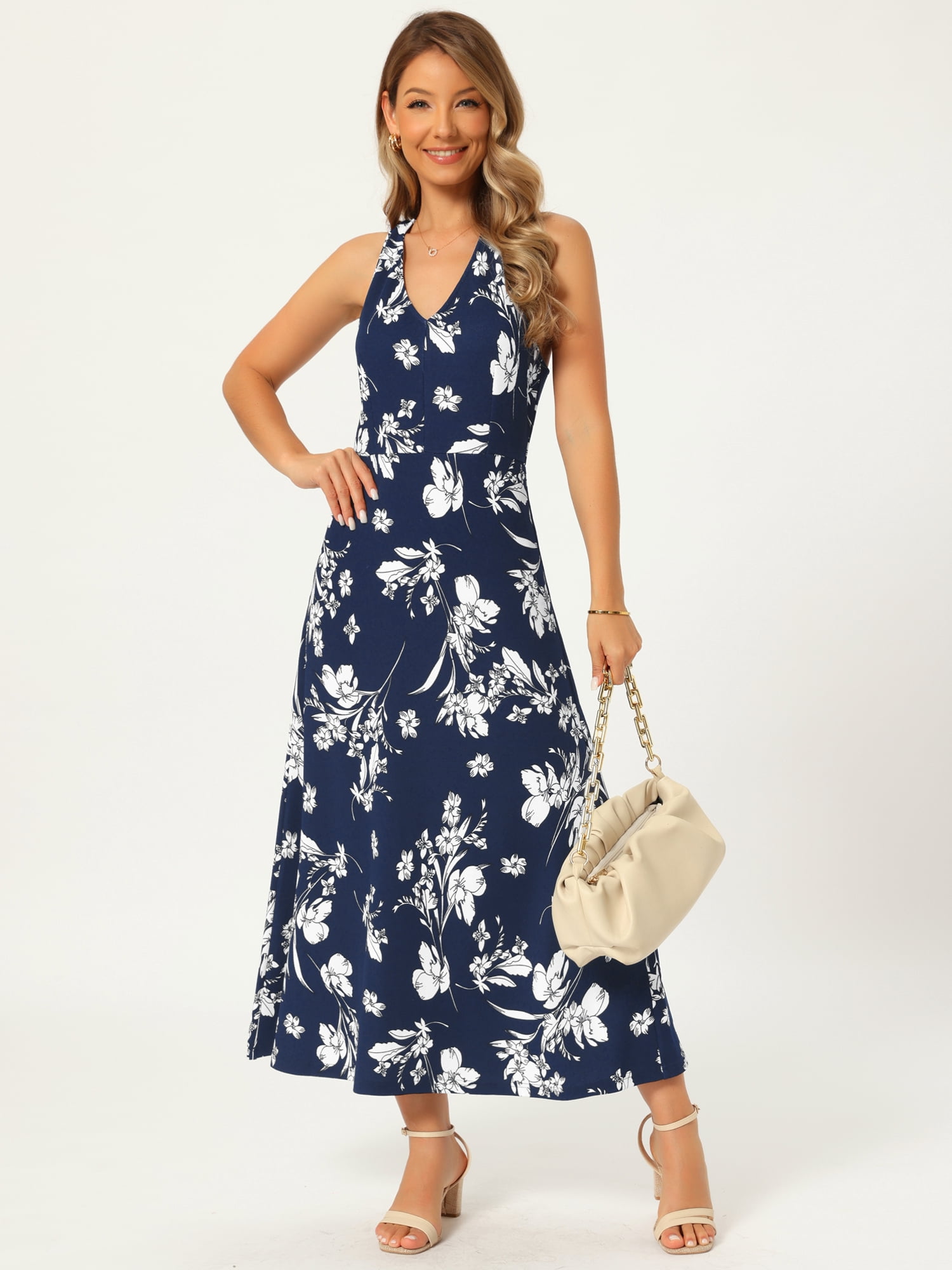 DARING DIVA Women's Halter Sleeveless A-line Maxi Floral Print Casual Sundress M Dark Blue