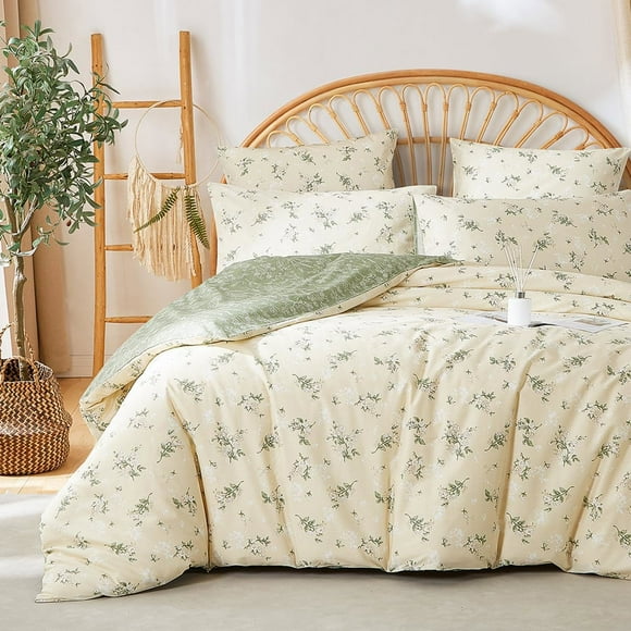 Nayoroom 3 Pieces Chic Green Floral Botanical King Duvet Cover Set 100% Cotton Garden Style Aesthetic Bedding Sets Reversible Comforter Cover