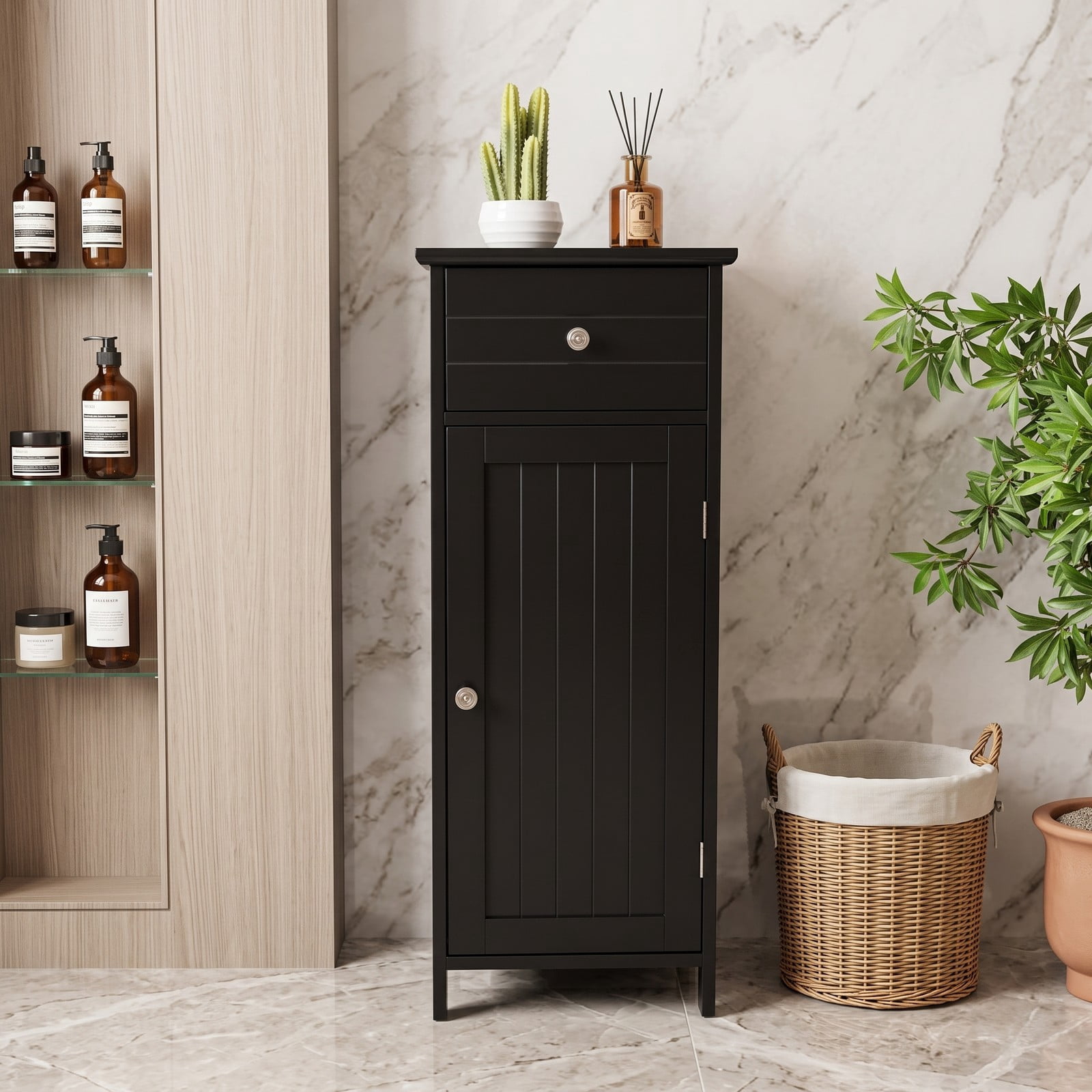 ALPULON Wooden Bathroom Floor Storage Cabinet with Drawer and Adjustable Shelf, Freestanding MDF Side Organizer for Bathroom Entryway Living Room, Black