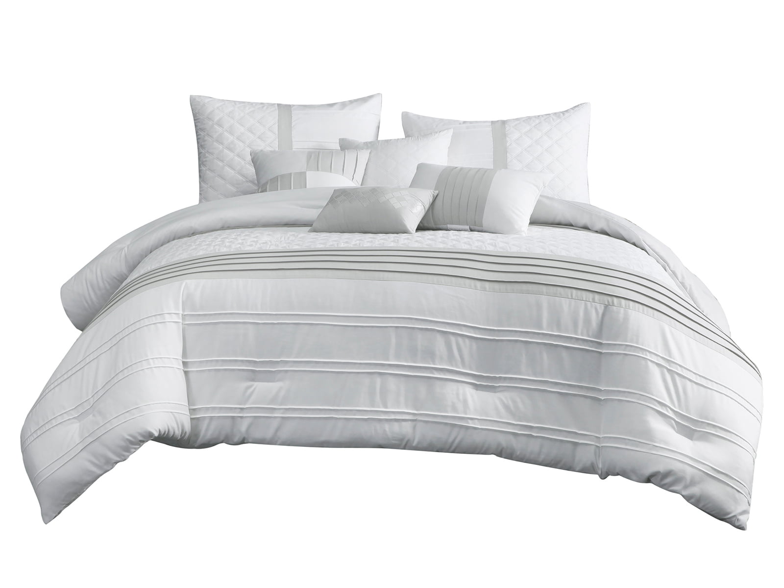 7-Pc Zen Comforter Set|Embossed Diamond Square Pintuck Stripe|White Gray|King 