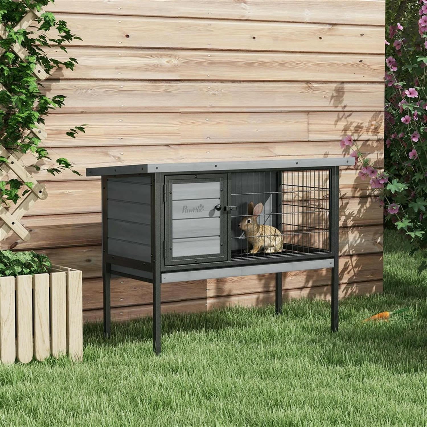 Kadyn 36" Outdoor Rabbit Hutch with Slide-out Tray and Openable Roof, Wooden Small Animal Habitat Enclosure Bunny Cage for Bunnies, Guinea Pigs, Gray