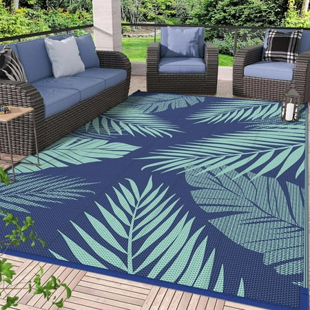 DEORAB Outdoor Rug 8 x10  Waterproof Reversible Patio Rug Portable Plastic Straw Outside Carprt for Beach Garden RV Camping Porch Deck Backyard  Royalblue & Bluegreen