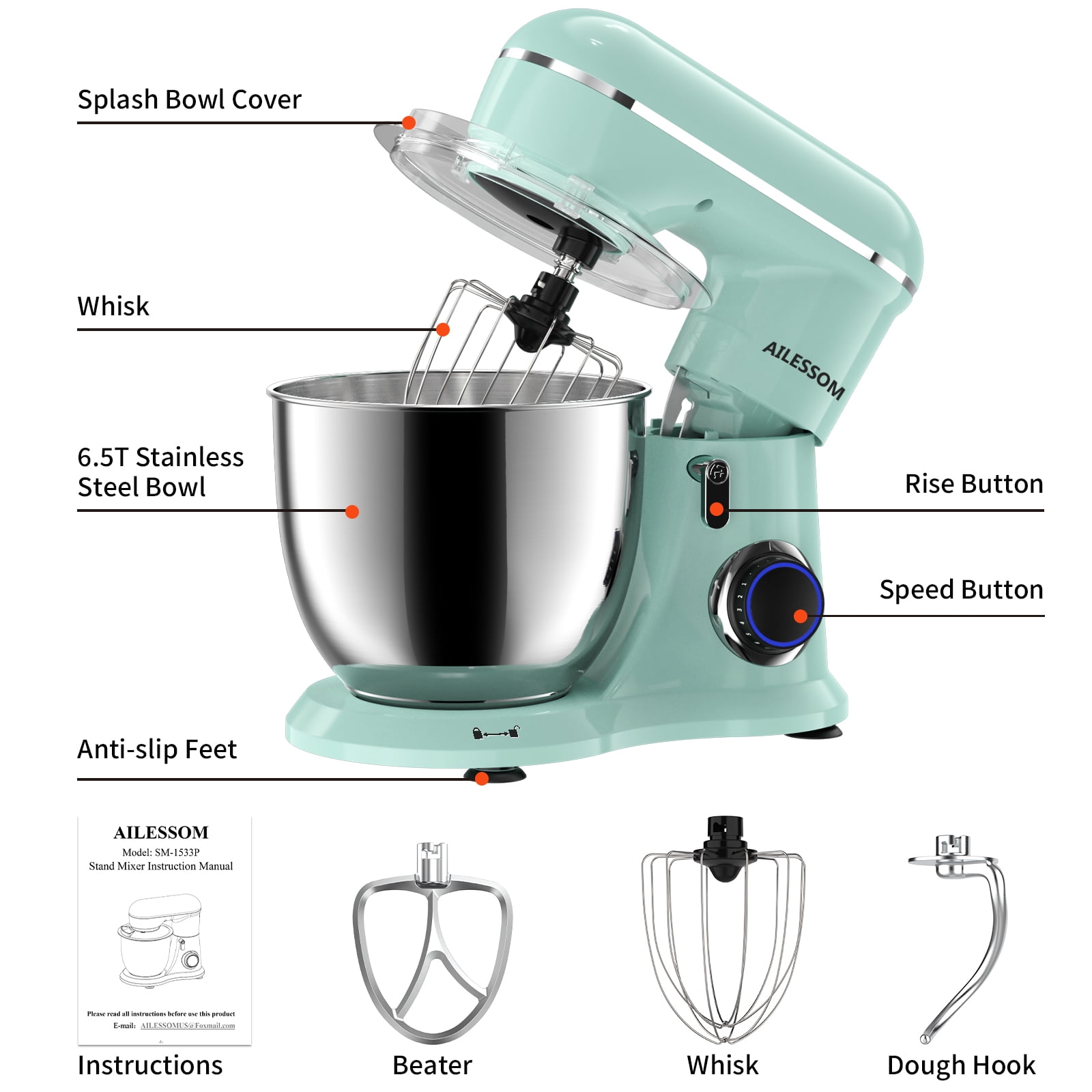 Ailessom New Stand Mixer,6.5-QT 10-Speed Tilt-Head Kitchen Electric Mixer with Bowl, Dough Hook, Beater, Whisk for Most Home Cooks,(Agave Green）