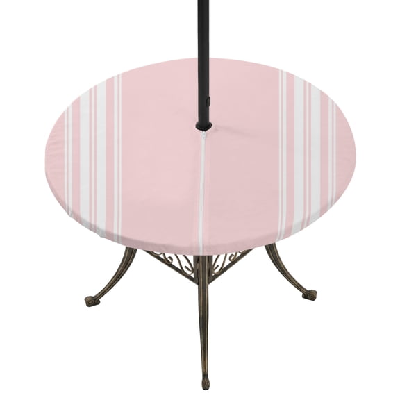 Round Outdoor Tablecloth with Umbrella Hole and Zipper, Pink Striped Fitted Table Cover with Elastic Edge for 45-54 Inch, Farmhouse Pink White Stripes Aesthetics Waterproof Patio Tablecoths