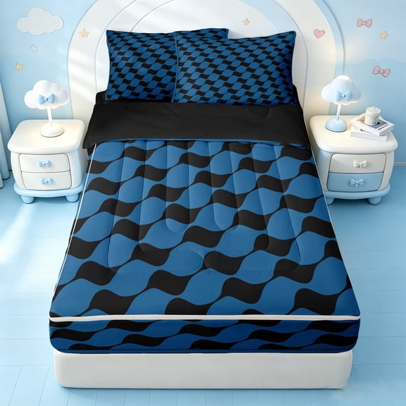 Erosebridal Navy Squiggle Art Zipper Twin Comforter Sets with Fitted Sheet and 2 Pillowcases,Deep Blue Black Line Zipper Bedding Set For Boys,Black Reversible,4 Pieces