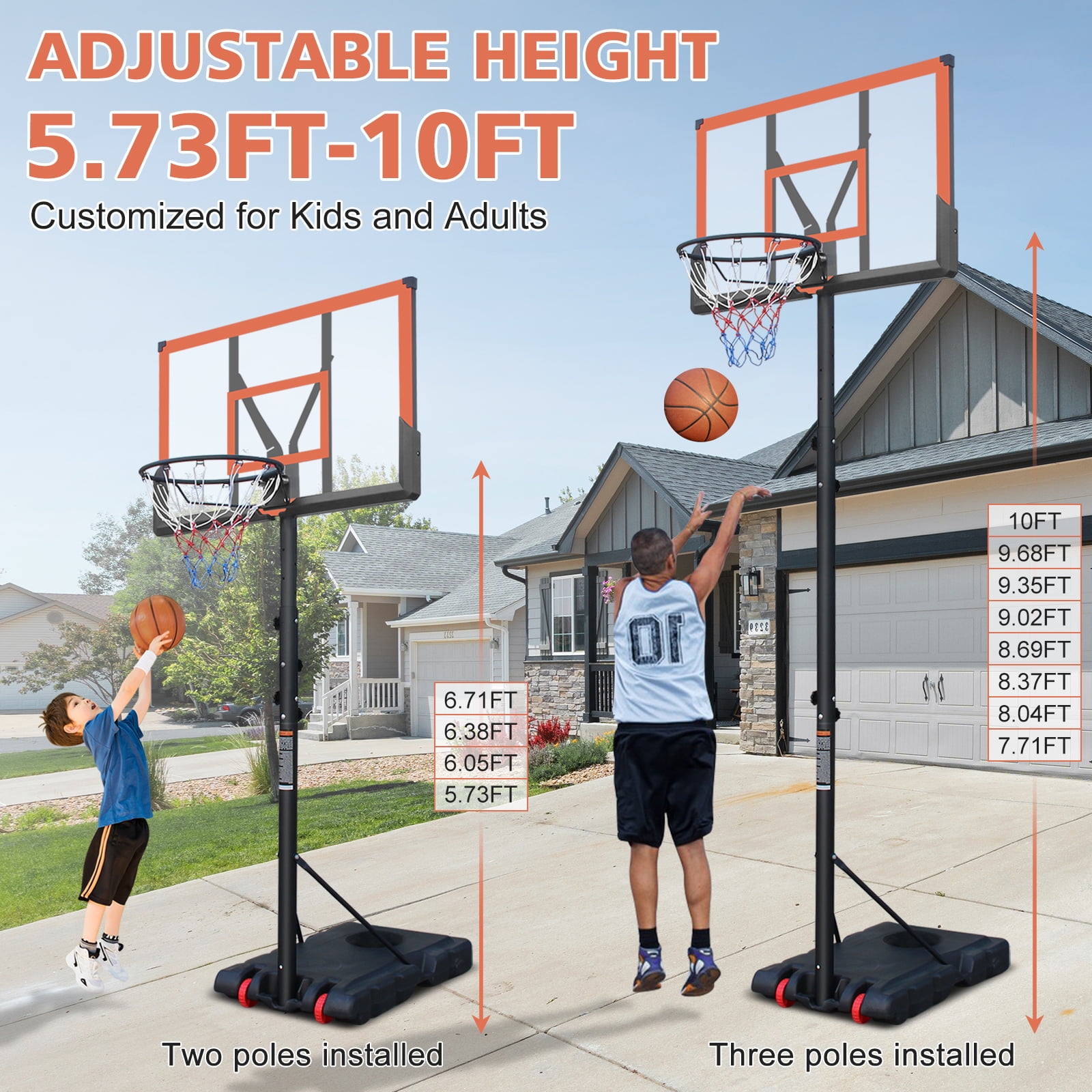 Basketball Hoop Basketball Hoop 5.73-10FT Height Adjustable Portable Basketball Goal for Indoor Outdoor Basketball Stand 44in Backboard with Wheels Orange,Basketball Goal