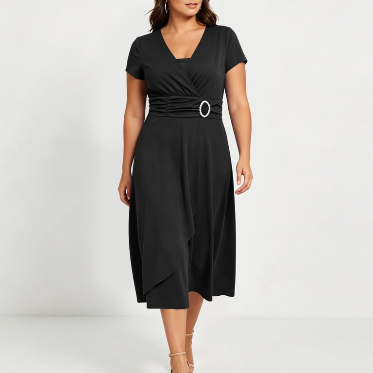 short sleeve black wedding guest dress Ever-Pretty Sequin Short Sleeve V-Neck Asymmetrical Hem Summer Formal Wedding Guest Dress Occasion Dress