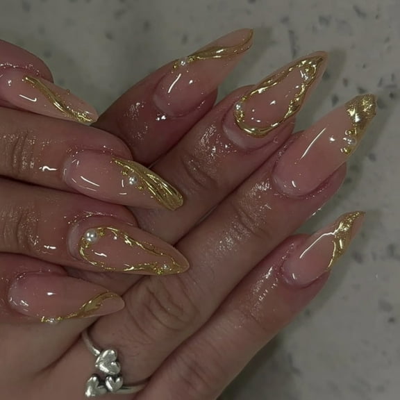 AOOOWER 24Pcs Almond Fake Nail Press On Nail Artificial Nail False Nail with Gold Design