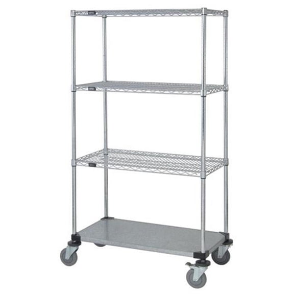 Quantum Storage M2460CG47 Chrome Wire Shelving 3-Wire Shelf and 1-Solid Shelf Stem Caster Cart - 74 in.