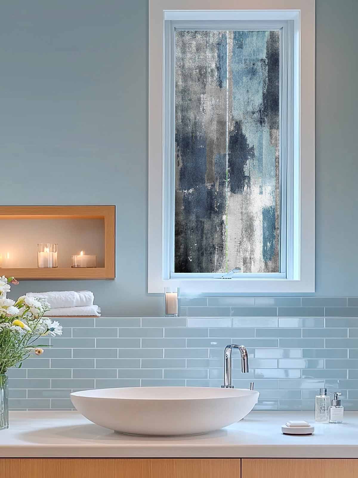 Navy Blue Grey Privacy Window Film, Decorative Frosted Glass Window Film, Modern Oil Painted Abstract Art Aesthetics Reusable Peel and Stick Static Cling for Home Bathroom Office Glass Door 23.6"x59"