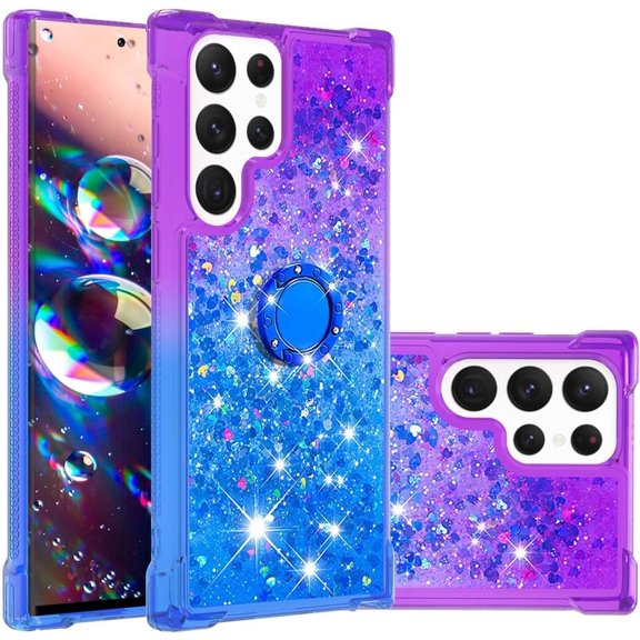 Glitter Case for Samsung Galaxy S23 Ultra (Not S23, Bling Sparkle Colorful Gradient Quicksand Waterfall Soft TPU Liquid Case Cover with Ring Stand for Samsung S23 Ultra LSJB-Purple Blue