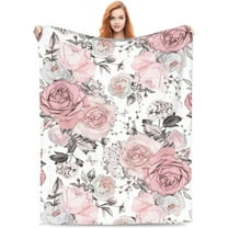 Floral Rose Blanket Gifts for Women Girls Pink Grey Flowers and Grey Leaves on Watercolor Rose Throw Blankets for Bed Room Couch Soft Lightweight Warm Cozy Decor 50x60in