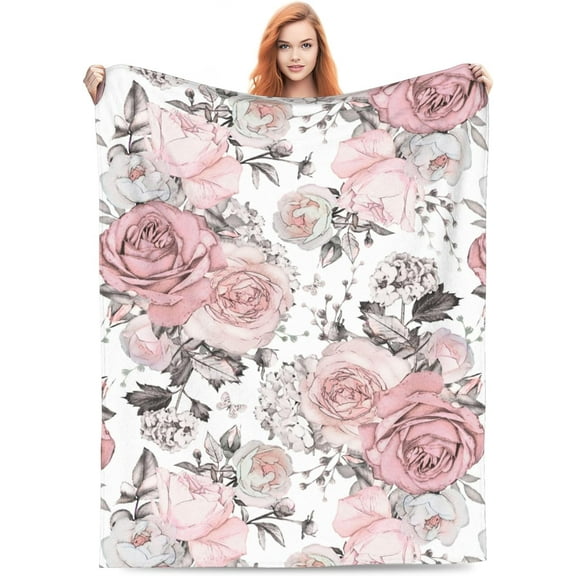 Floral Rose Blanket Gifts for Women Girls Pink Grey Flowers and Grey Leaves on Watercolor Rose Throw Blankets for Bed Room Couch Soft Lightweight Warm Cozy Decor 50x60in