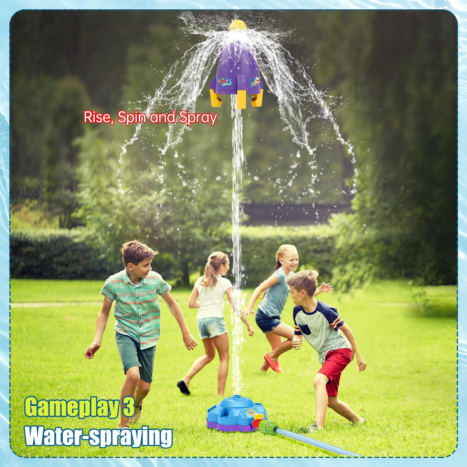 4-in-1 Kids Water Sprinkler Toys, Summer Outdoor Water Baseball/360° Rotating Sprinkler/Stomp Rocket/Rocket Launcher for Backyard Outdoor Summer Toys for Boys Girls