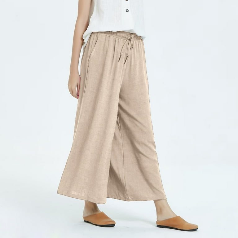 SMihono Woman Solid Color Cotton And Linen Loose Trendy Casual Wide Leg  Nine-Quarter Pants Comfy Versatile Young Adult Love 2023 Female Fashion  Yellow