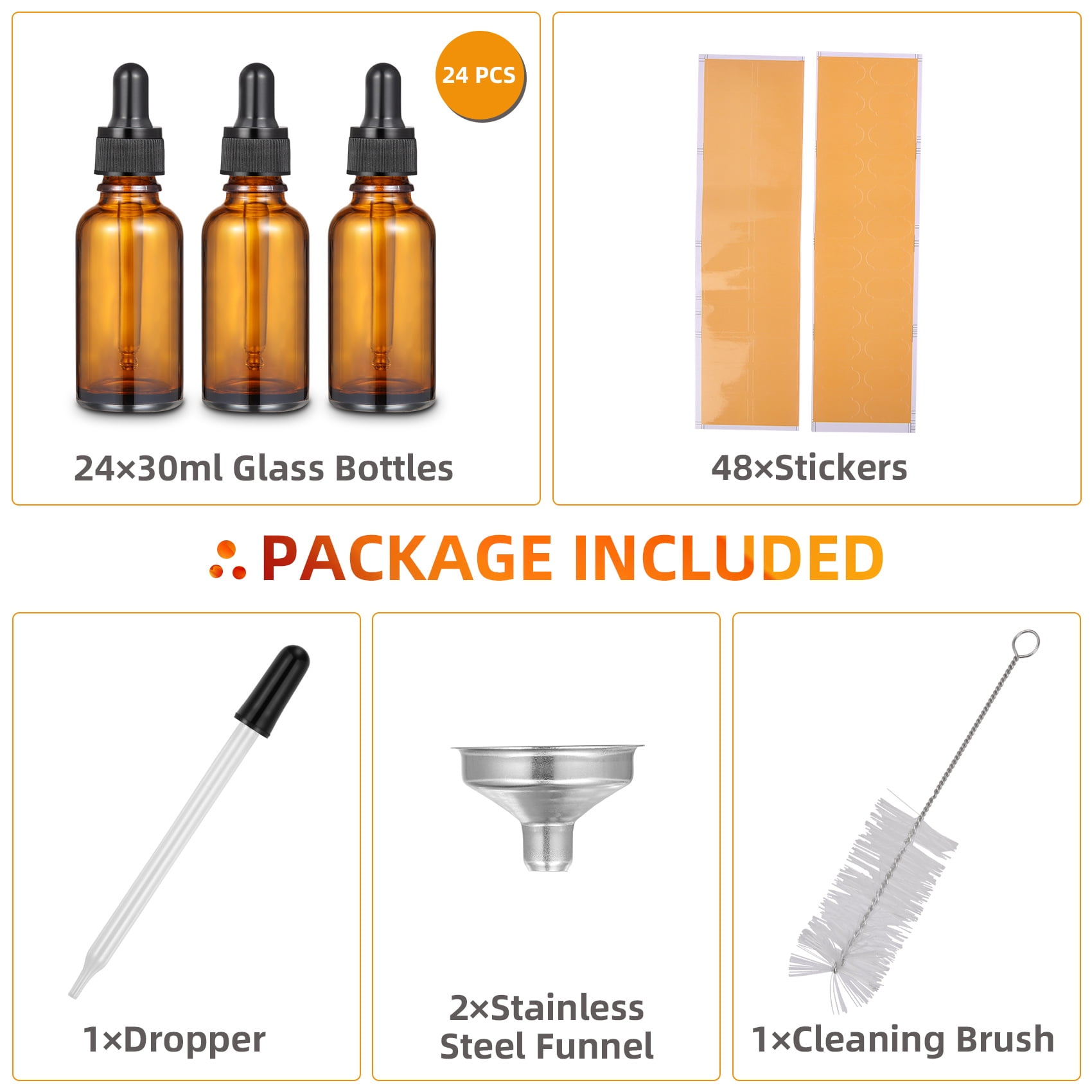 Litake 24 Pcs 1oz Amber Glass Eye Dropper Bottle with 3pcs Stainless Steel Funnels and Long Glass Dropper and Cleaning Brush - 30ml Leakproof Travel Bottles for Liquids Like Essential Oils