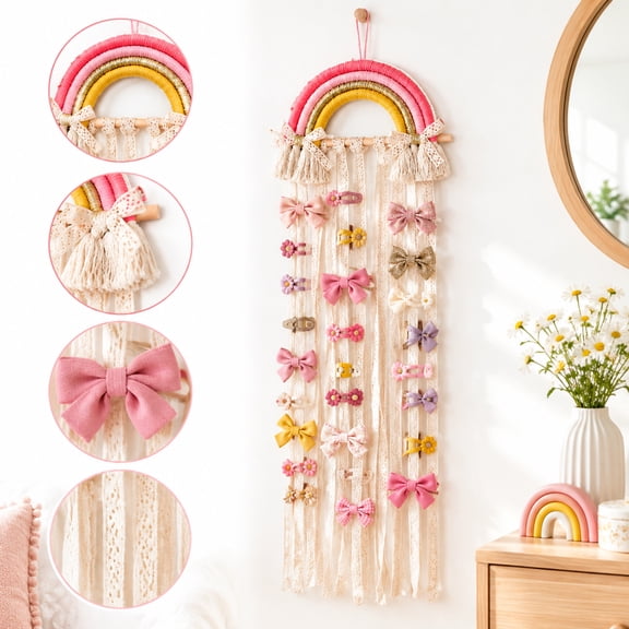 Hair Bow Holder – Handmade Bohemian Rainbow Hanger for Girls Clips and Hairpins