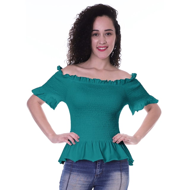 Moomaya Womens Off Shoulder Smocked Top Solid Short Sleeve Casual Summer Tops