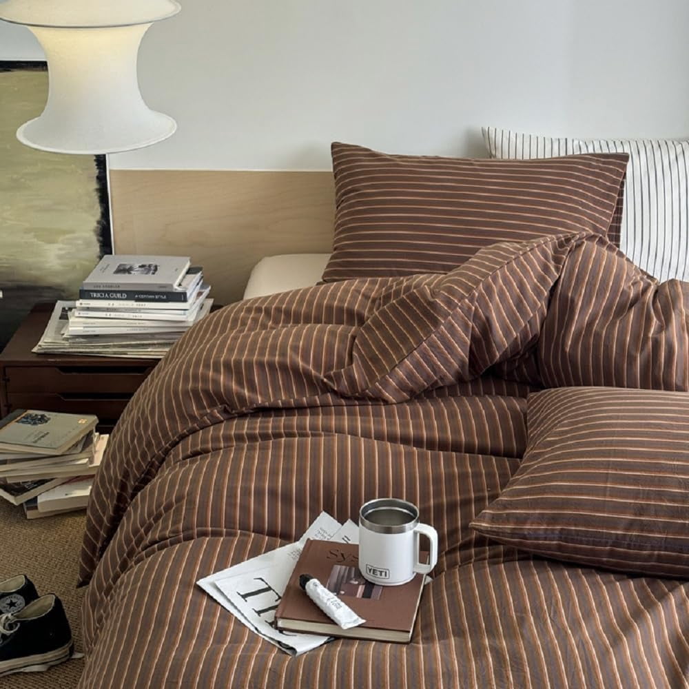 JOLUSERE Brown Striped Duvet Cover Queen Set,3-Piece Stripes Pattern Breathable Microfibre Comforter Cover