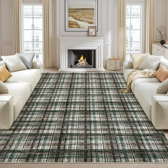 FairOnly 9'x12'Modern Geometric Plaid Non Slip Area Rug British Style Machine Washable Soft Non Shedding Rug for Living Room Bedroom,Brown