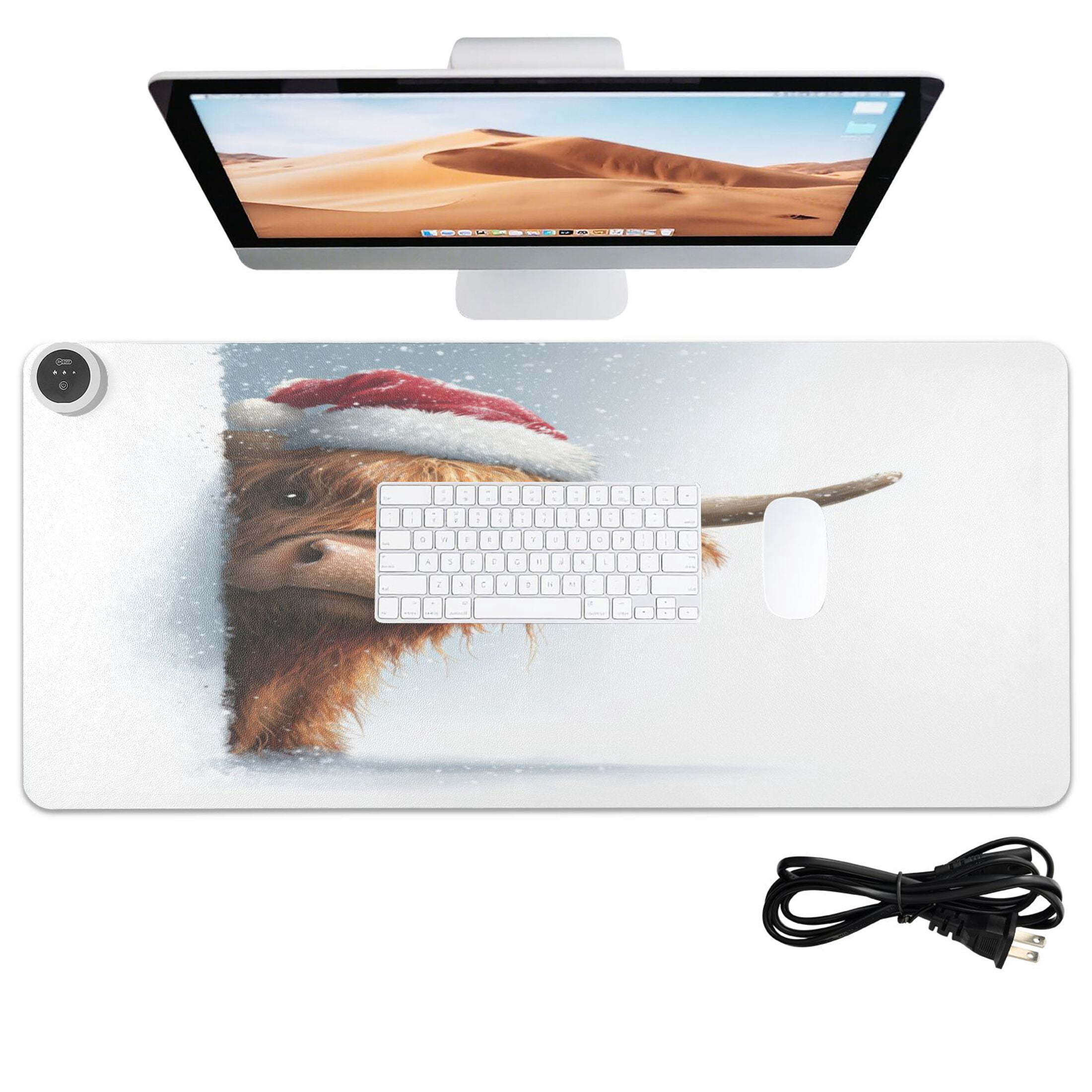 Large Heated Desk Mat Mouse Pad 31.5"x13"PU Leather Graphene Heating Desk Warmer with 3 Temperature Settings 110V US Plug Non-Slip Warm Pad for Home, Office, and Gaming Lovely Christmas Highland Cow