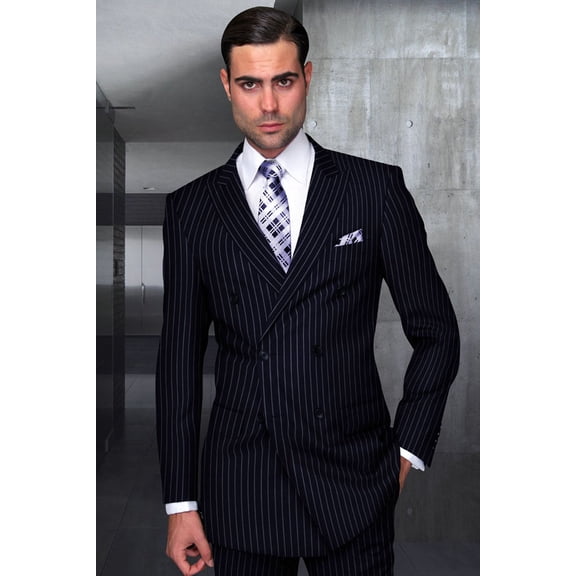 Men's  Double Breasted Wool Suit Navy Blue Pinstripe 42 Long