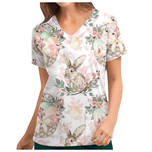 Pompotops Haut de Travail Mode Femme Imprimé Lapin de Pâques Col en V Manches Courtes avec Poche