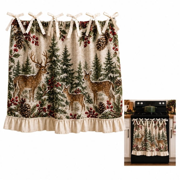 Christmas Oven Skirt Curtain, Kitchen Stove Skirt Cover with Tie Top, Rustic Xmas Botanical Decorative Cabinet Cover Dishwasher Curtain for Farmhouse Decor