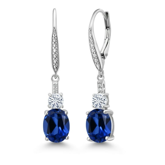 Gem Stone King 925 Sterling Silver Blue Created Sapphire and White Moissanite Dangle Earrings for Women with Lab Grown Diamond (5.09 Cttw, Oval 9X7MM)