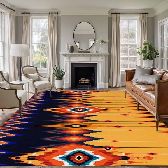 Large Area Rugs for Living Room Bedroom, Ethnic Boho 6'x9' Rug Washable Carpet Runner Indoor Outdoor, Vintage Abstract Geometric Textured Non Slip Floor Mats Rug for Kitchen, Playroom