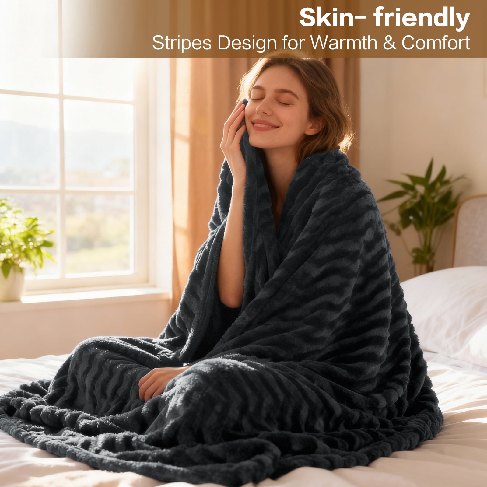 EMONIA Dark Gray Queen Fleece Blanket for Bed, 320GSM Super Soft Cozy Blankets and Throws, Decorative Throw Blankets for Women Men Gifts, Throws with Stripes for Sofa Bed Decor, 90''x90''