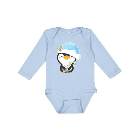 Inktastic Cute Christmas Penguin in Blue Hat Boys or Girls Long Sleeve Baby Bodysuit