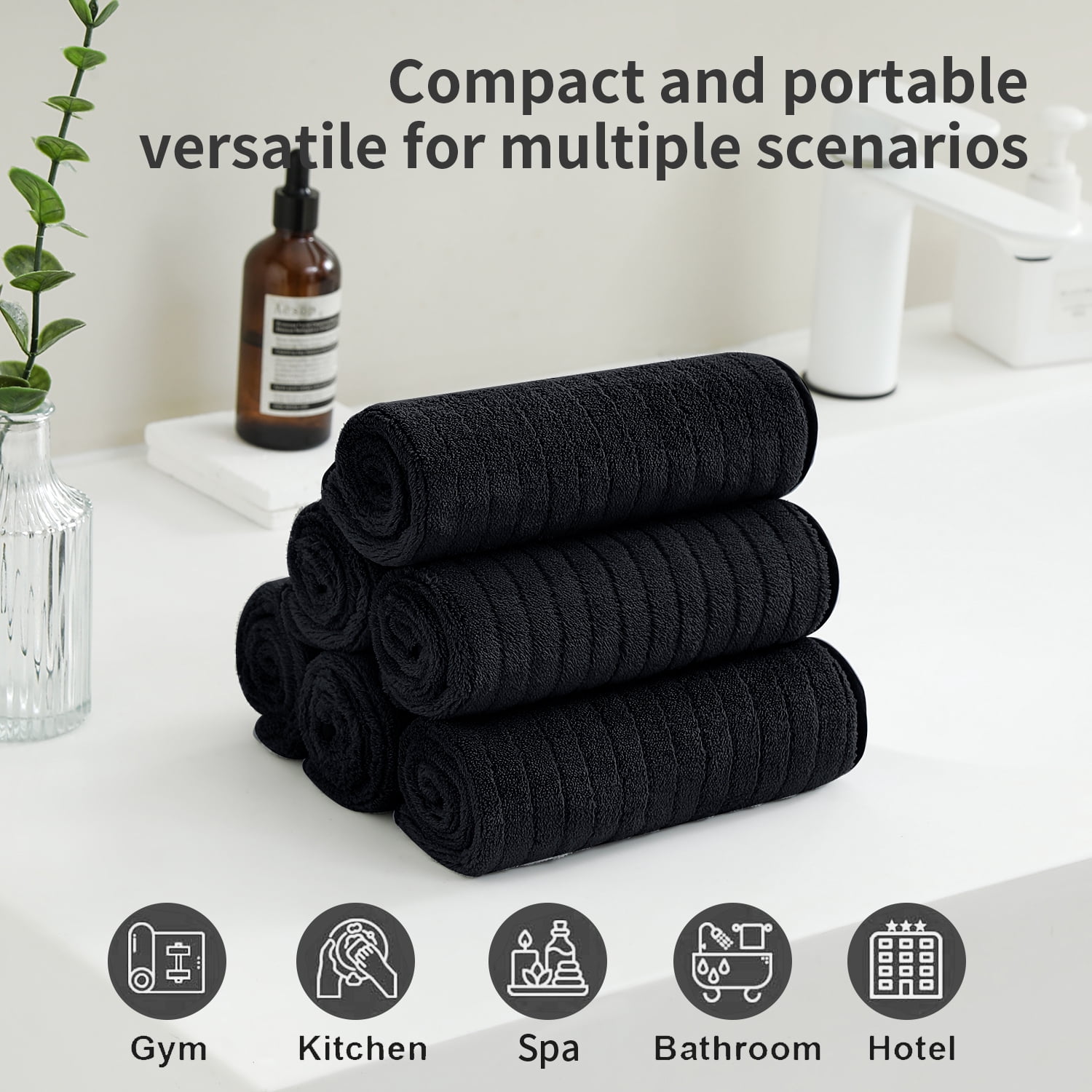 Jessy Home 24 Pack Black Stripe Washcloths for Bathroom 13x13 Inch Ultra Soft Hand Face Towels