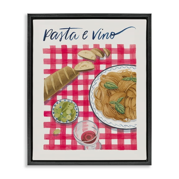 Stupell Industries Pasta & Wine on Tartan Food & Beverage Painting Black Floater Framed Canvas Art Print Wall Art, 17 x 21