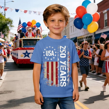 EliteGoogv Toddlers Boys T-shirt Short Sleeve Crew Neck Blouses 250th Independence Day Patriotic Lightweight Classic Fit Tops Summer Fall Casual School Daily Wear Tee Tops Blue 4-5 Years