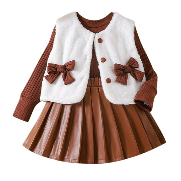 MEZZALL Toddler Girls Long Sleeve Sweater And Brushed Vest Tops And Pleated Skirt Outfits Leisure Knitwear, Brown, 6-7 Years