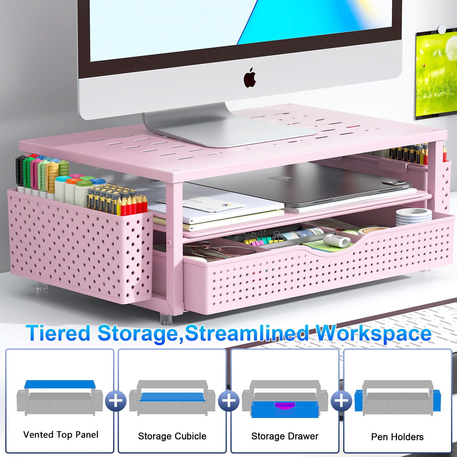 Desk Organizers And Accessories  Monitor Stand With Drawer 2 Pen Holder Desktop Organizer Suitable For Offices Dormitories (pink)